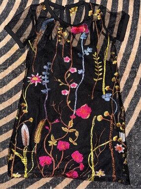 SHEIN Black Mesh Floral Embroidered Mini Dress